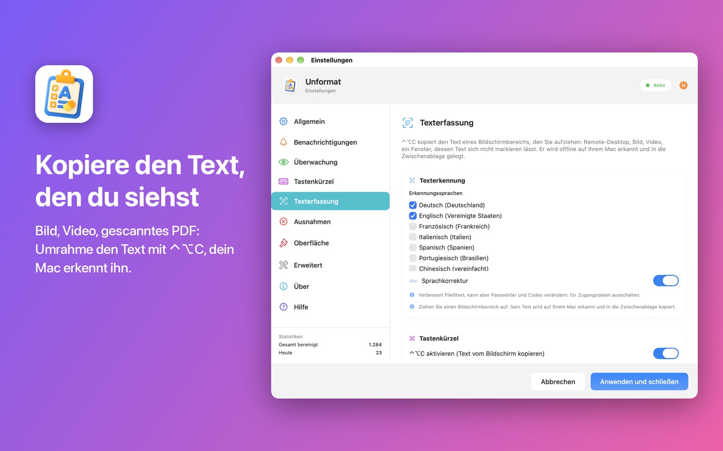Der Tab „Texterfassung“ der Einstellungen
