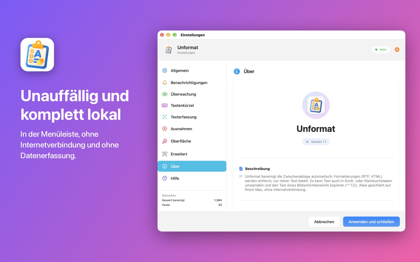 Das Fenster „Über Unformat“
