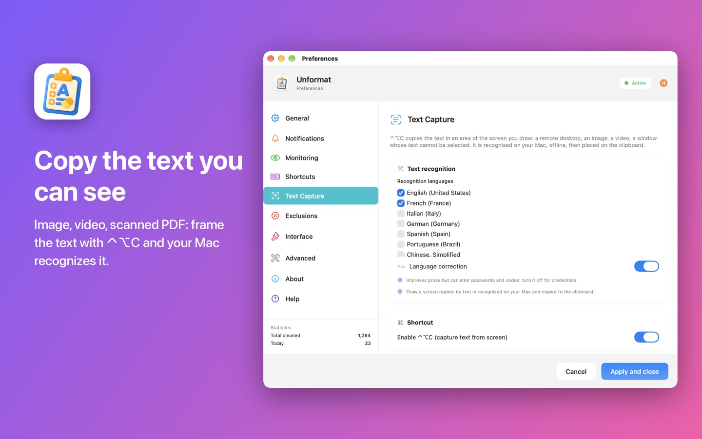 The Text Capture settings tab