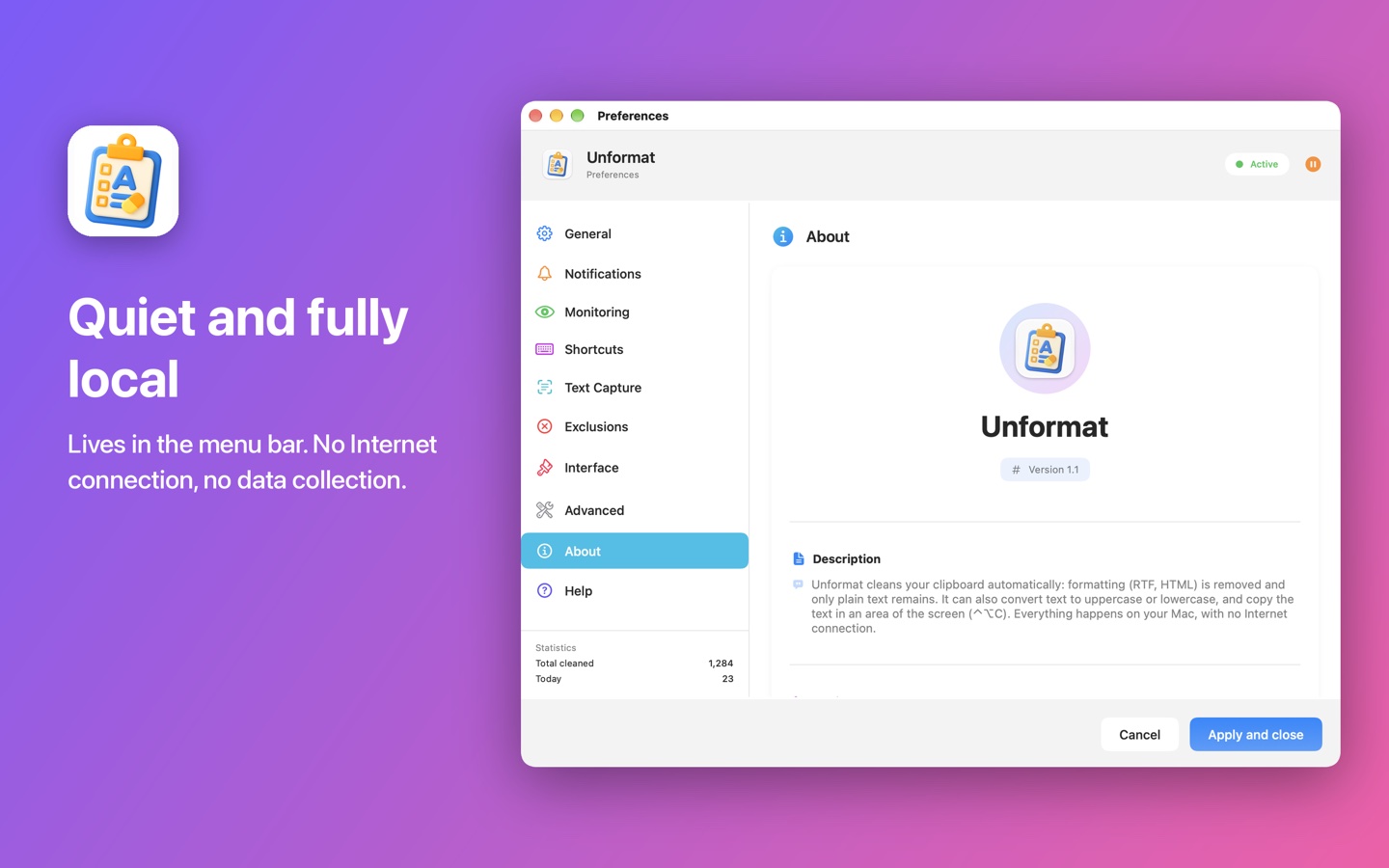 The About Unformat window