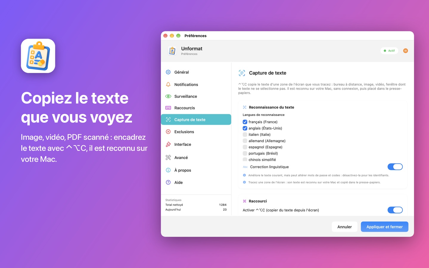 L'onglet Capture de texte des paramètres