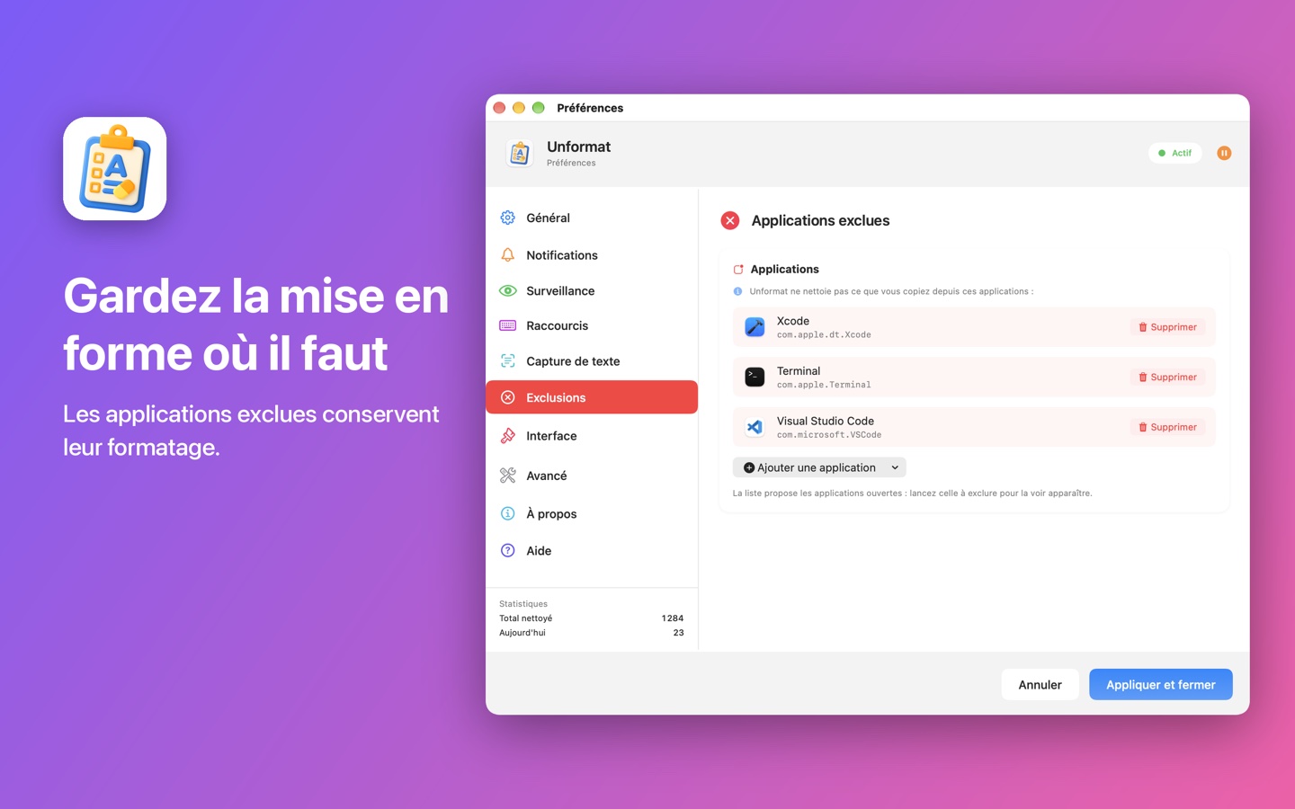 Les applications exclues