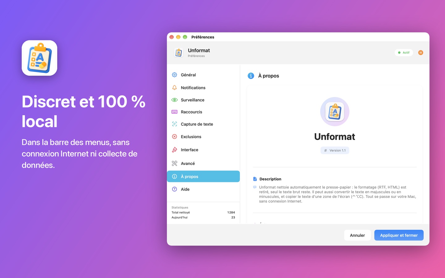 La fenêtre À propos d'Unformat